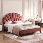 Full/Queen Size Velvet Platform Bed | Flower Pattern Scalloped Headboard | 12 Wood Slats | 600 lbs | Solid Plywood Frame | No Box Spring Needed | Beige/Red Bean Paste