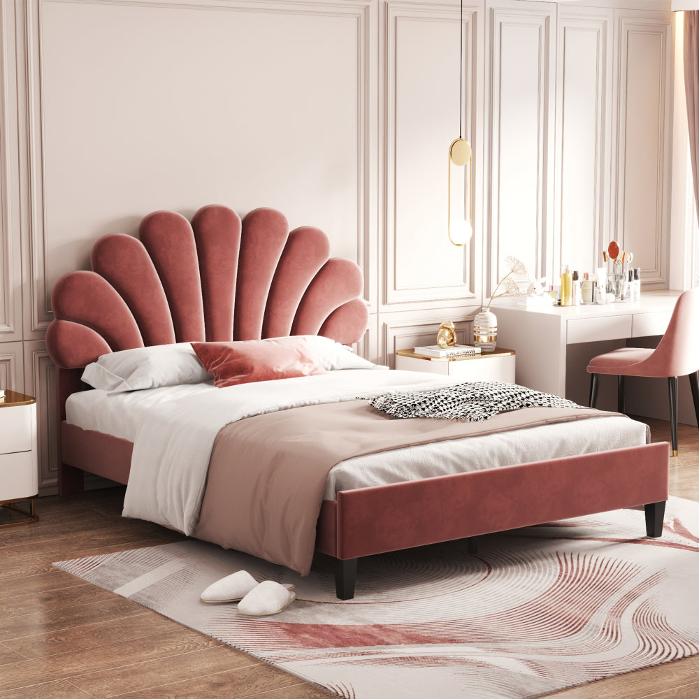 Full/Queen Size Velvet Platform Bed | Flower Pattern Scalloped Headboard | 12 Wood Slats | 600 lbs | Solid Plywood Frame | No Box Spring Needed | Beige/Red Bean Paste