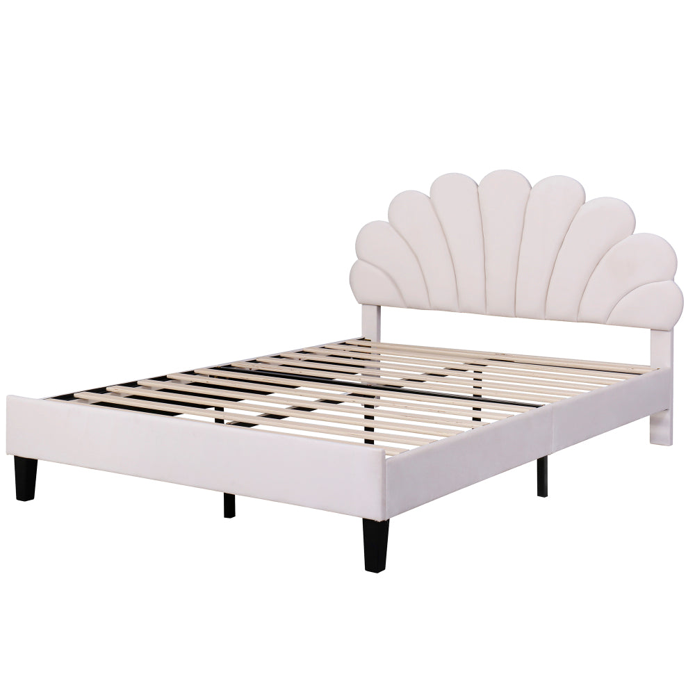 Full/Queen Size Velvet Platform Bed | Flower Pattern Scalloped Headboard | 12 Wood Slats | 600 lbs | Solid Plywood Frame | No Box Spring Needed | Beige/Red Bean Paste