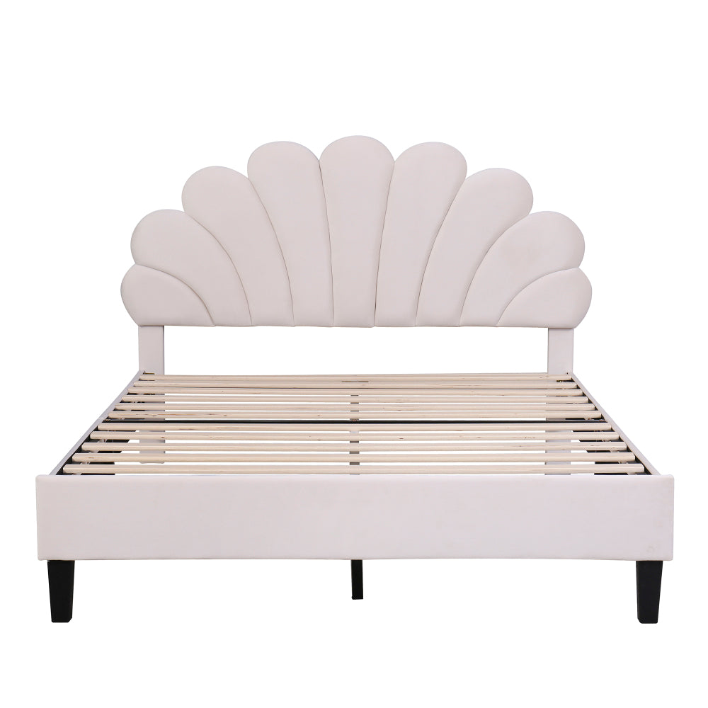 Full/Queen Size Velvet Platform Bed | Flower Pattern Scalloped Headboard | 12 Wood Slats | 600 lbs | Solid Plywood Frame | No Box Spring Needed | Beige/Red Bean Paste