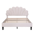 Full/Queen Size Velvet Platform Bed | Flower Pattern Scalloped Headboard | 12 Wood Slats | 600 lbs | Solid Plywood Frame | No Box Spring Needed | Beige/Red Bean Paste
