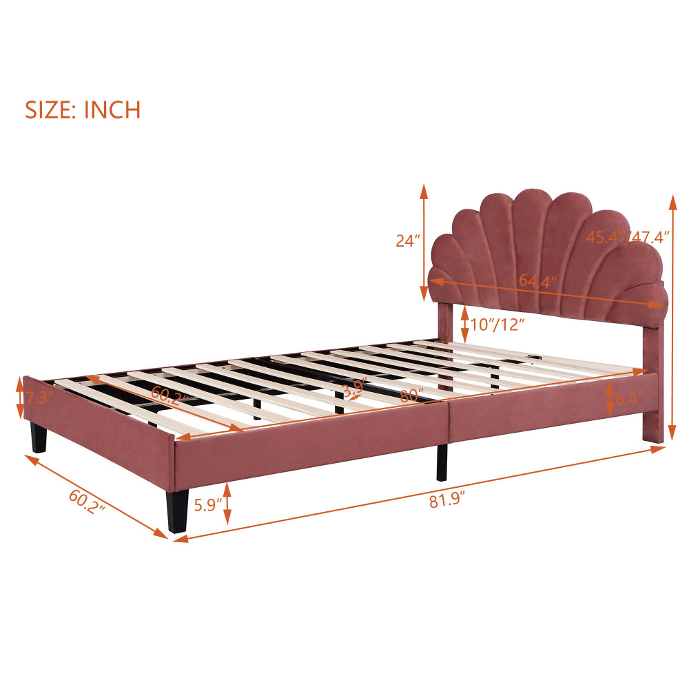 Full/Queen Size Velvet Platform Bed | Flower Pattern Scalloped Headboard | 12 Wood Slats | 600 lbs | Solid Plywood Frame | No Box Spring Needed | Beige/Red Bean Paste