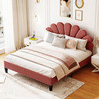 Full/Queen Size Velvet Platform Bed | Flower Pattern Scalloped Headboard | 12 Wood Slats | 600 lbs | Solid Plywood Frame | No Box Spring Needed | Beige/Red Bean Paste