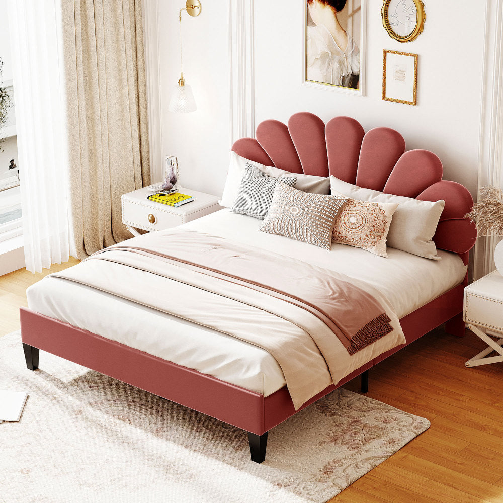 Full/Queen Size Velvet Platform Bed | Flower Pattern Scalloped Headboard | 12 Wood Slats | 600 lbs | Solid Plywood Frame | No Box Spring Needed | Beige/Red Bean Paste