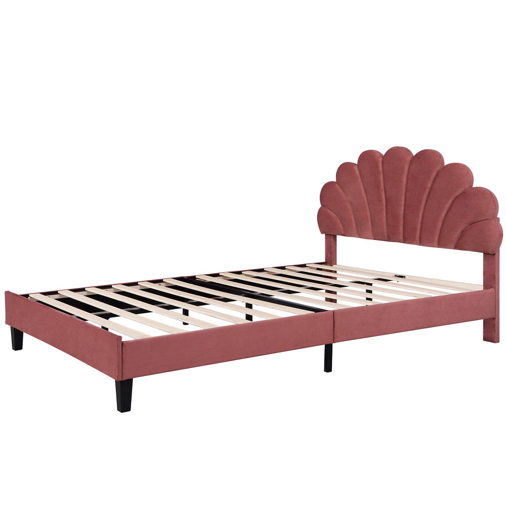 Full/Queen Size Velvet Platform Bed | Flower Pattern Scalloped Headboard | 12 Wood Slats | 600 lbs | Solid Plywood Frame | No Box Spring Needed | Beige/Red Bean Paste