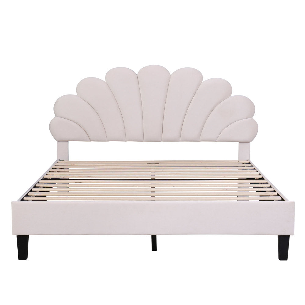Full/Queen Size Velvet Platform Bed | Flower Pattern Scalloped Headboard | 12 Wood Slats | 600 lbs | Solid Plywood Frame | No Box Spring Needed | Beige/Red Bean Paste