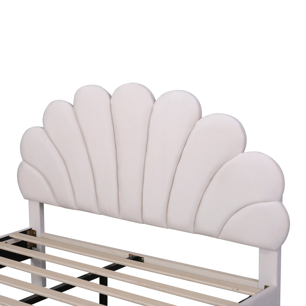 Full/Queen Size Velvet Platform Bed | Flower Pattern Scalloped Headboard | 12 Wood Slats | 600 lbs | Solid Plywood Frame | No Box Spring Needed | Beige/Red Bean Paste