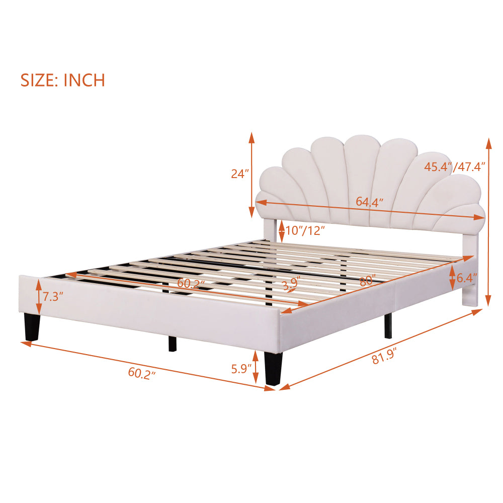 Full/Queen Size Velvet Platform Bed | Flower Pattern Scalloped Headboard | 12 Wood Slats | 600 lbs | Solid Plywood Frame | No Box Spring Needed | Beige/Red Bean Paste