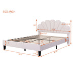 Full/Queen Size Velvet Platform Bed | Flower Pattern Scalloped Headboard | 12 Wood Slats | 600 lbs | Solid Plywood Frame | No Box Spring Needed | Beige/Red Bean Paste