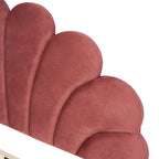 Full/Queen Size Velvet Platform Bed | Flower Pattern Scalloped Headboard | 12 Wood Slats | 600 lbs | Solid Plywood Frame | No Box Spring Needed | Beige/Red Bean Paste