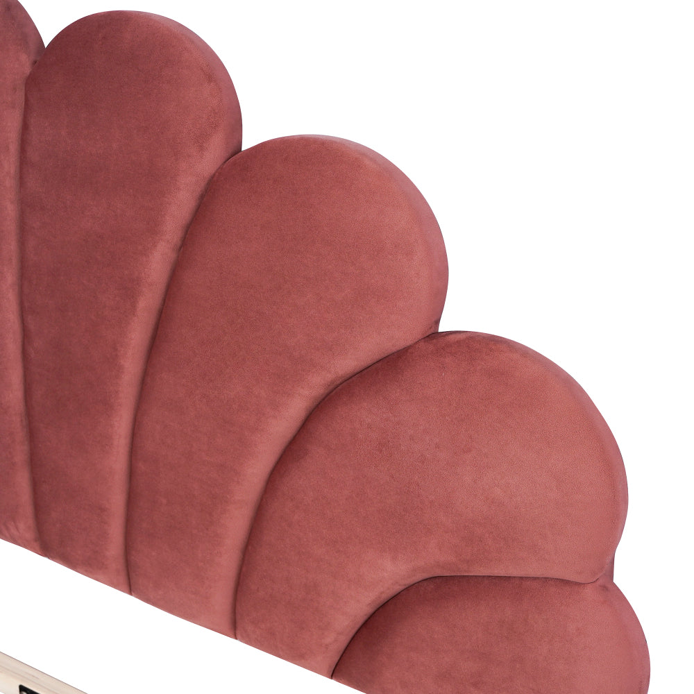 Full/Queen Size Velvet Platform Bed | Flower Pattern Scalloped Headboard | 12 Wood Slats | 600 lbs | Solid Plywood Frame | No Box Spring Needed | Beige/Red Bean Paste