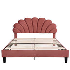 Full/Queen Size Velvet Platform Bed | Flower Pattern Scalloped Headboard | 12 Wood Slats | 600 lbs | Solid Plywood Frame | No Box Spring Needed | Beige/Red Bean Paste