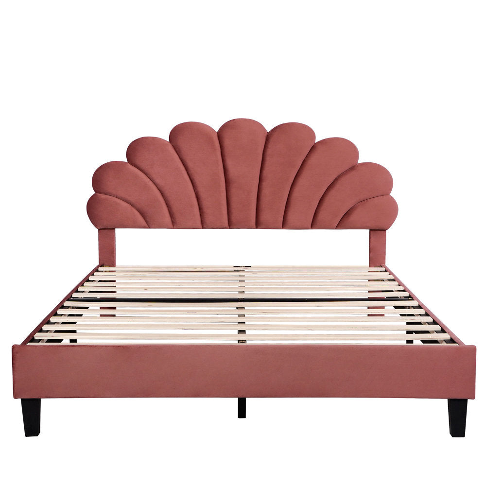 Full/Queen Size Velvet Platform Bed | Flower Pattern Scalloped Headboard | 12 Wood Slats | 600 lbs | Solid Plywood Frame | No Box Spring Needed | Beige/Red Bean Paste