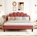 Full/Queen Size Velvet Platform Bed | Flower Pattern Scalloped Headboard | 12 Wood Slats | 600 lbs | Solid Plywood Frame | No Box Spring Needed | Beige/Red Bean Paste