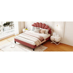 Full/Queen Size Velvet Platform Bed | Flower Pattern Scalloped Headboard | 12 Wood Slats | 600 lbs | Solid Plywood Frame | No Box Spring Needed | Beige/Red Bean Paste