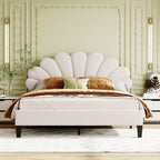 Full/Queen Size Velvet Platform Bed | Flower Pattern Scalloped Headboard | 12 Wood Slats | 600 lbs | Solid Plywood Frame | No Box Spring Needed | Beige/Red Bean Paste