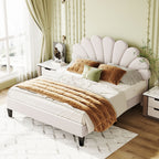 Full/Queen Size Velvet Platform Bed | Flower Pattern Scalloped Headboard | 12 Wood Slats | 600 lbs | Solid Plywood Frame | No Box Spring Needed | Beige/Red Bean Paste