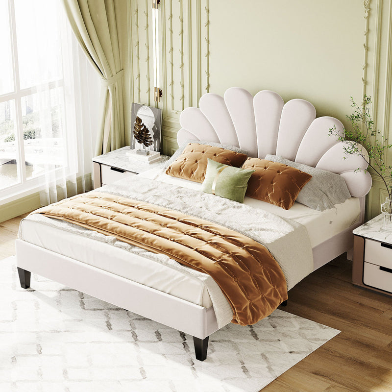 Full/Queen Size Velvet Platform Bed | Flower Pattern Scalloped Headboard | 12 Wood Slats | 600 lbs | Solid Plywood Frame | No Box Spring Needed | Beige/Red Bean Paste