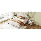 Full/Queen Size Velvet Platform Bed | Flower Pattern Scalloped Headboard | 12 Wood Slats | 600 lbs | Solid Plywood Frame | No Box Spring Needed | Beige/Red Bean Paste