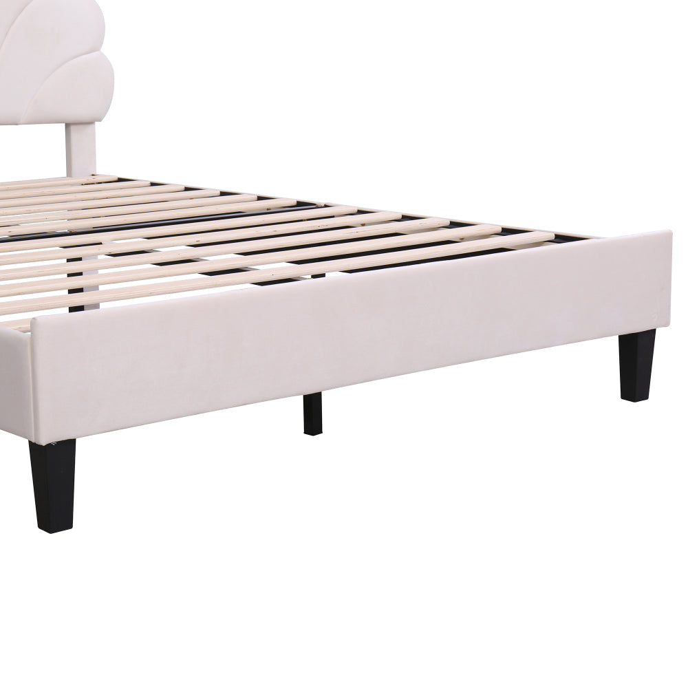 Full/Queen Size Velvet Platform Bed | Flower Pattern Scalloped Headboard | 12 Wood Slats | 600 lbs | Solid Plywood Frame | No Box Spring Needed | Beige/Red Bean Paste