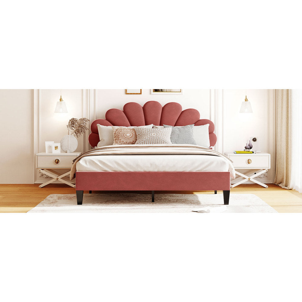 Full/Queen Size Velvet Platform Bed | Flower Pattern Scalloped Headboard | 12 Wood Slats | 600 lbs | Solid Plywood Frame | No Box Spring Needed | Beige/Red Bean Paste