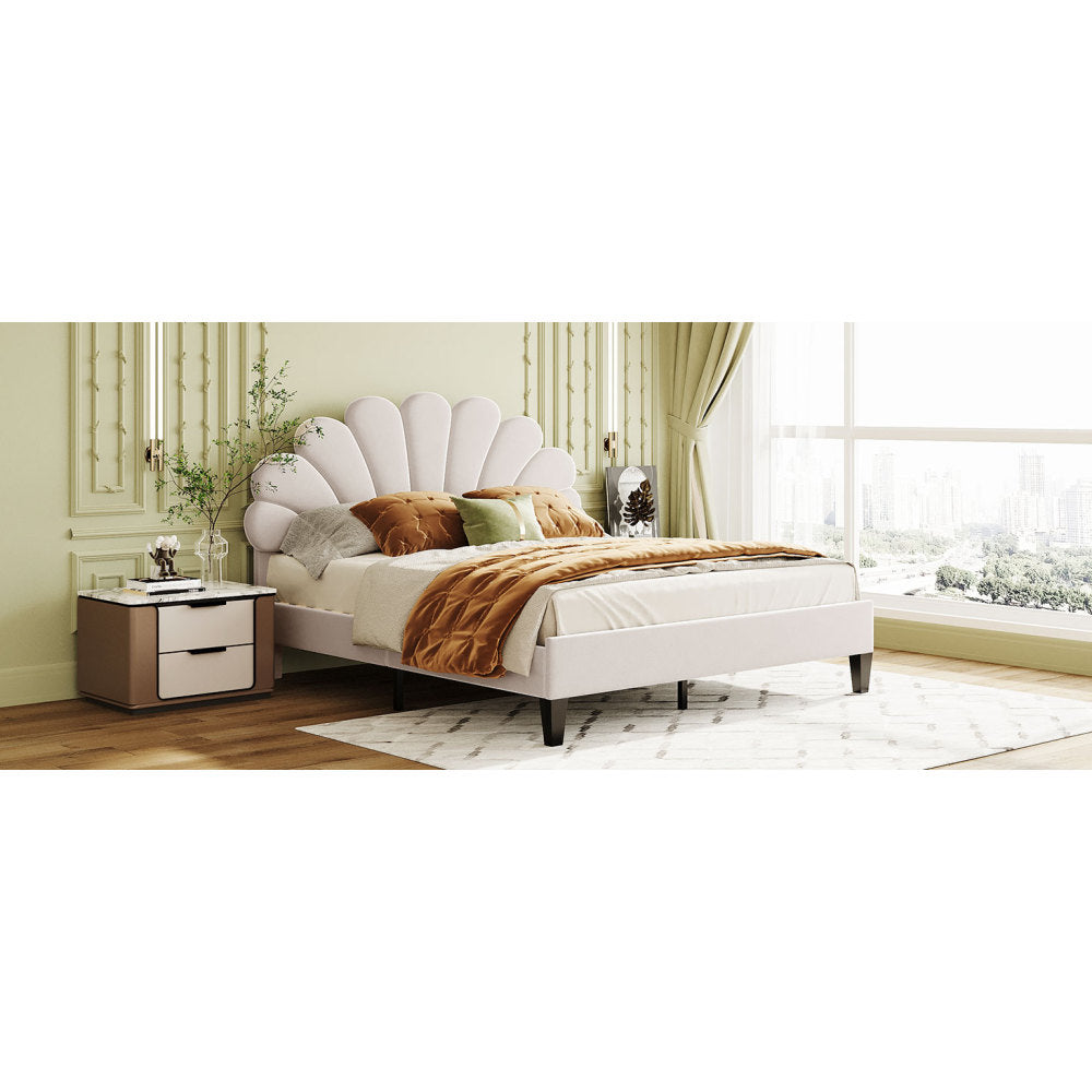 Full/Queen Size Velvet Platform Bed | Flower Pattern Scalloped Headboard | 12 Wood Slats | 600 lbs | Solid Plywood Frame | No Box Spring Needed | Beige/Red Bean Paste