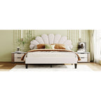 Full/Queen Size Velvet Platform Bed | Flower Pattern Scalloped Headboard | 12 Wood Slats | 600 lbs | Solid Plywood Frame | No Box Spring Needed | Beige/Red Bean Paste