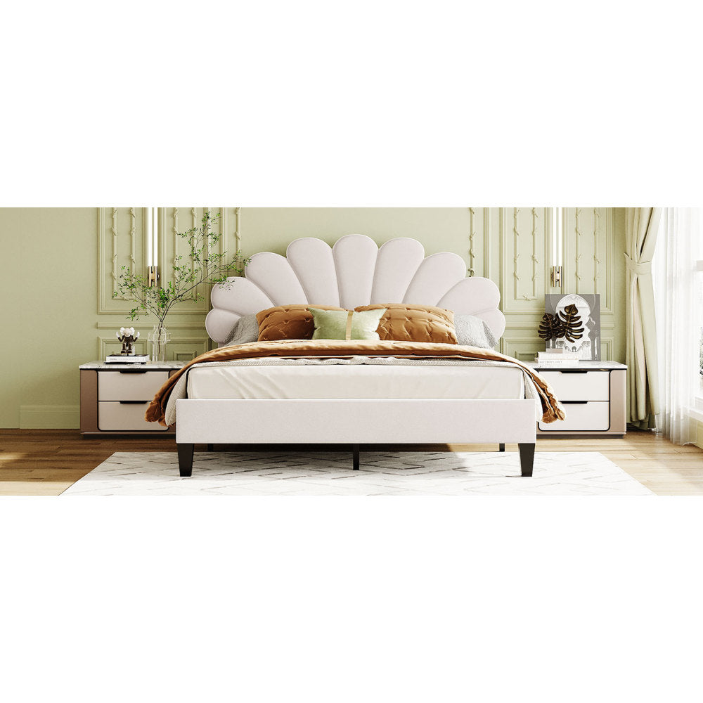 Full/Queen Size Velvet Platform Bed | Flower Pattern Scalloped Headboard | 12 Wood Slats | 600 lbs | Solid Plywood Frame | No Box Spring Needed | Beige/Red Bean Paste