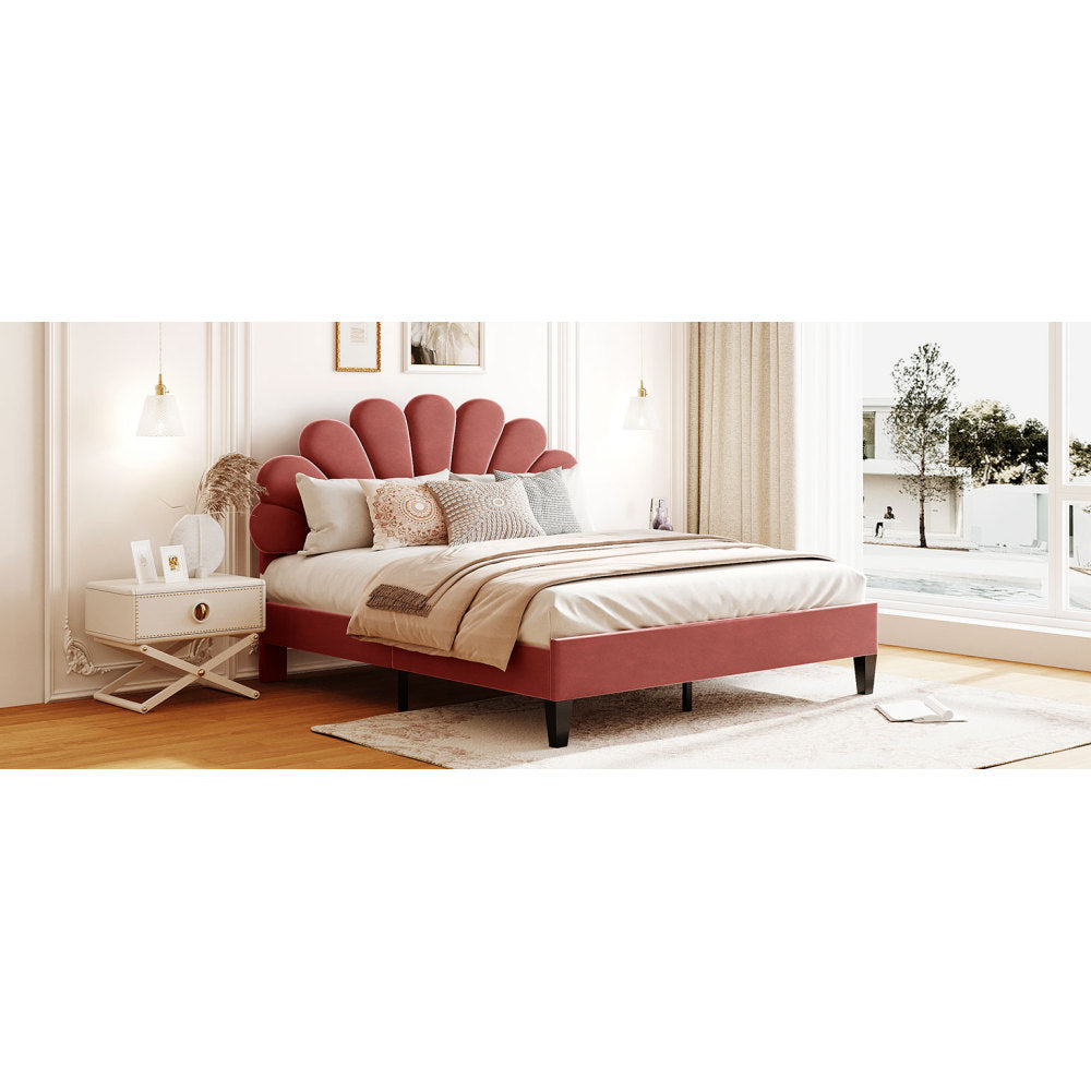 Full/Queen Size Velvet Platform Bed | Flower Pattern Scalloped Headboard | 12 Wood Slats | 600 lbs | Solid Plywood Frame | No Box Spring Needed | Beige/Red Bean Paste