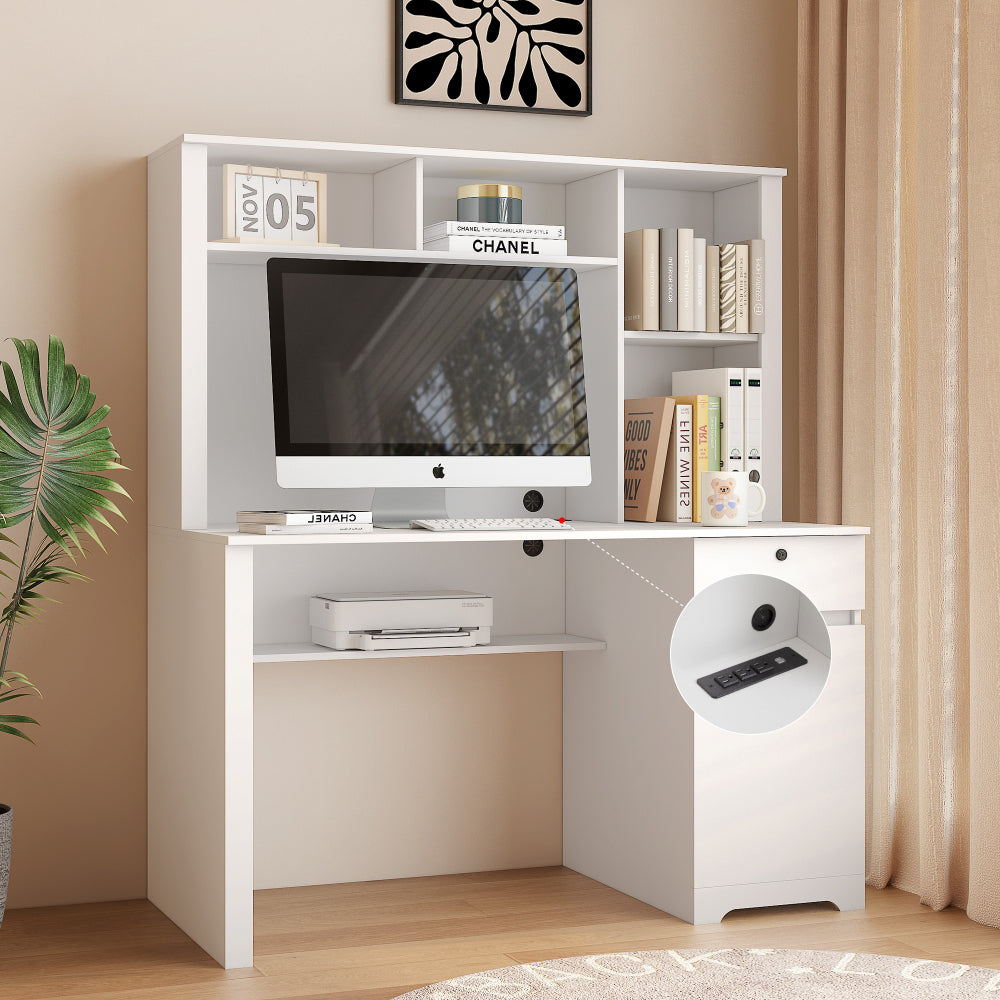 Computer Desk with Hutch & Bookshelf — 51" Wood Executive Desk with Drawers | 3 AC Outlets & 2 USB Charging Ports | Lockable Drawer | Monitor Stand & Storage Shelves | Home Office, Student, Teen Study Desk | White/Black