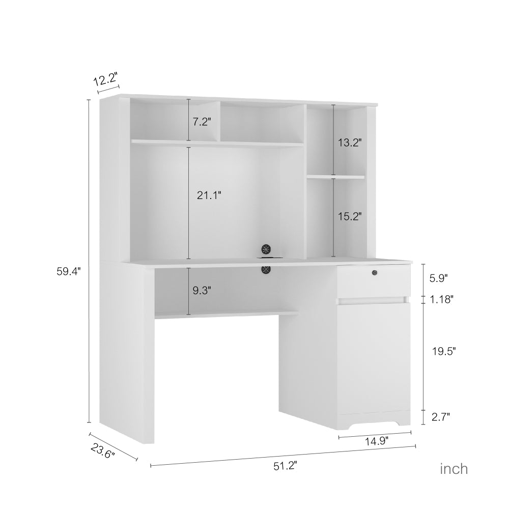 Computer Desk with Hutch & Bookshelf — 51" Wood Executive Desk with Drawers | 3 AC Outlets & 2 USB Charging Ports | Lockable Drawer | Monitor Stand & Storage Shelves | Home Office, Student, Teen Study Desk | White/Black