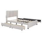 Full Size Upholstered Platform Bed with 2 Storage Drawers & Twin Trundle | Vertical Channel Tufted Headboard | 400 lbs | Solid MDF & Plywood | No Box Spring Needed | Beige/Gray