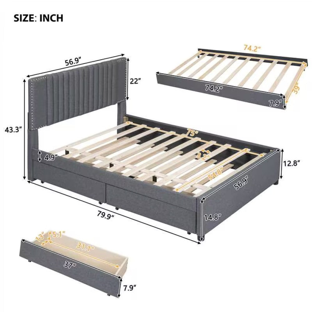 Full Size Upholstered Platform Bed with 2 Storage Drawers & Twin Trundle | Vertical Channel Tufted Headboard | 400 lbs | Solid MDF & Plywood | No Box Spring Needed | Beige/Gray