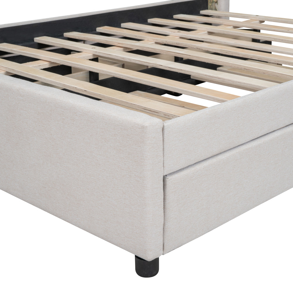 Full Size Upholstered Platform Bed with 2 Storage Drawers & Twin Trundle | Vertical Channel Tufted Headboard | 400 lbs | Solid MDF & Plywood | No Box Spring Needed | Beige/Gray