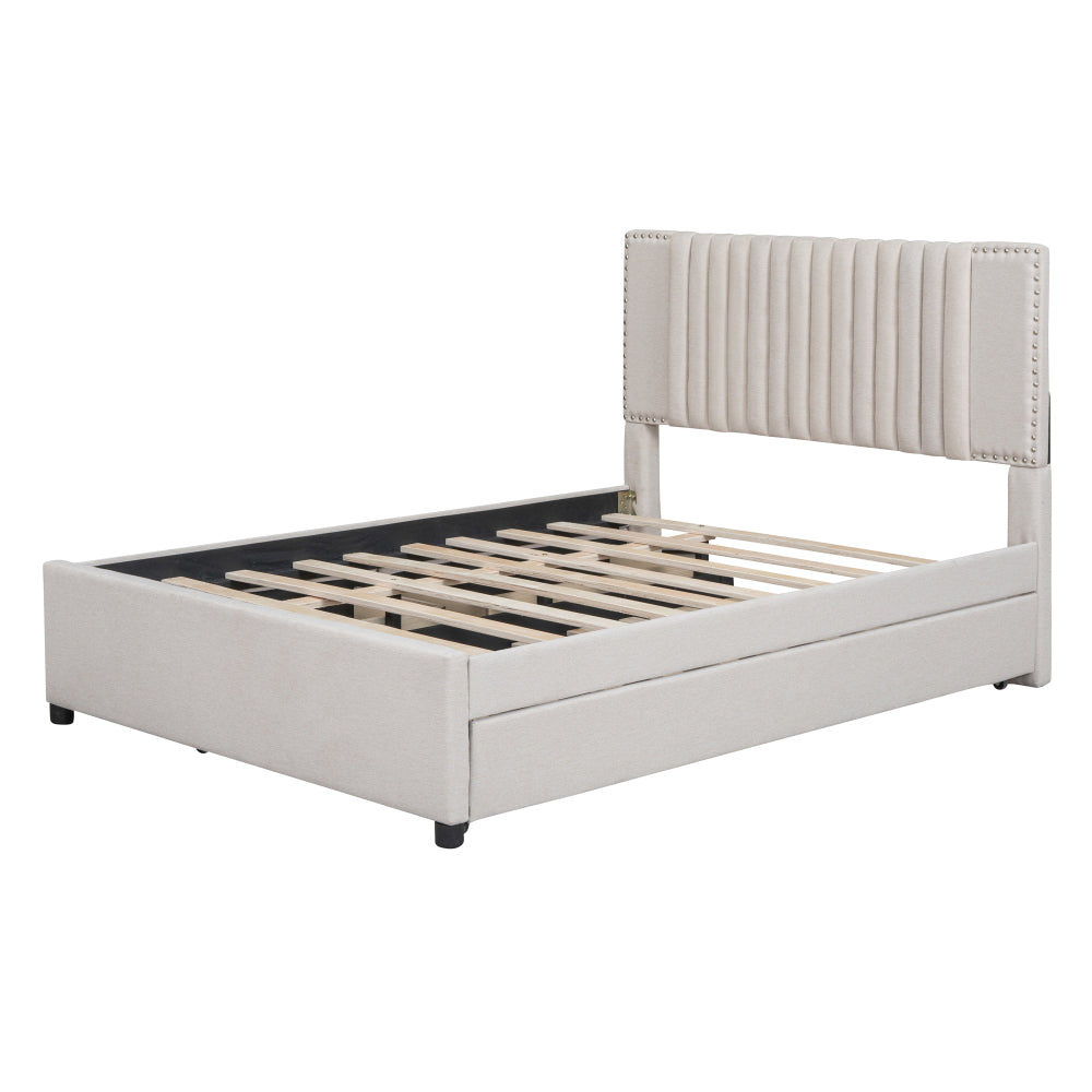 Full Size Upholstered Platform Bed with 2 Storage Drawers & Twin Trundle | Vertical Channel Tufted Headboard | 400 lbs | Solid MDF & Plywood | No Box Spring Needed | Beige/Gray