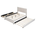 Full Size Upholstered Platform Bed with 2 Storage Drawers & Twin Trundle | Vertical Channel Tufted Headboard | 400 lbs | Solid MDF & Plywood | No Box Spring Needed | Beige/Gray