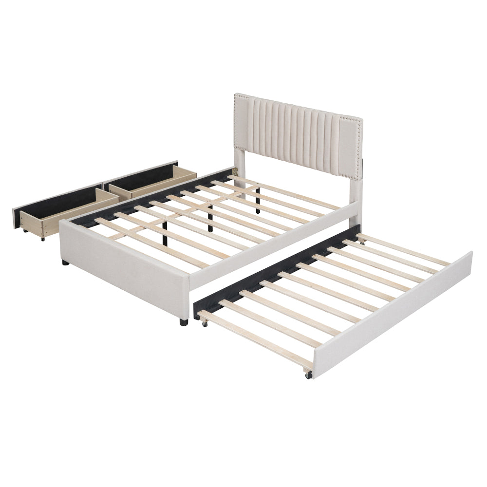 Full Size Upholstered Platform Bed with 2 Storage Drawers & Twin Trundle | Vertical Channel Tufted Headboard | 400 lbs | Solid MDF & Plywood | No Box Spring Needed | Beige/Gray