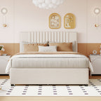 Full Size Upholstered Platform Bed with 2 Storage Drawers & Twin Trundle | Vertical Channel Tufted Headboard | 400 lbs | Solid MDF & Plywood | No Box Spring Needed | Beige/Gray