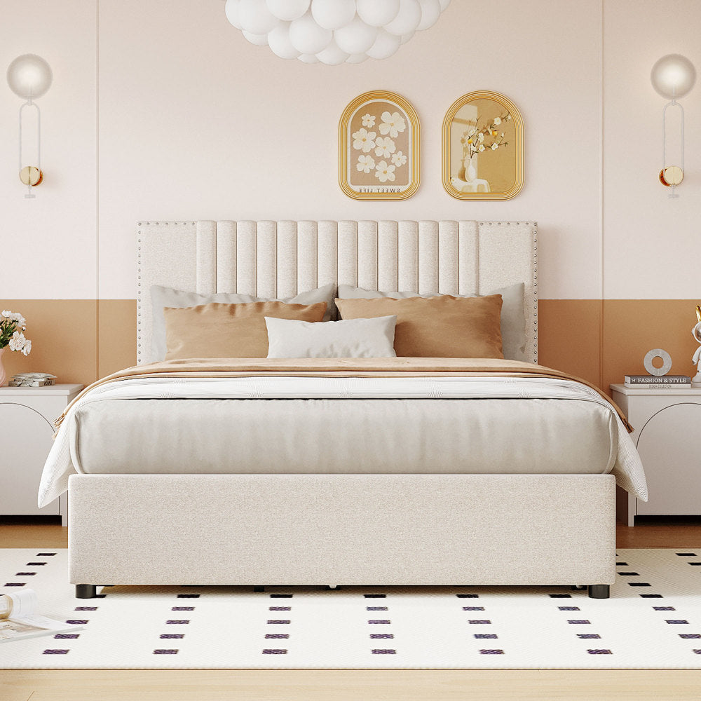 Full Size Upholstered Platform Bed with 2 Storage Drawers & Twin Trundle | Vertical Channel Tufted Headboard | 400 lbs | Solid MDF & Plywood | No Box Spring Needed | Beige/Gray