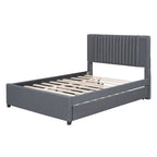 Full Size Upholstered Platform Bed with 2 Storage Drawers & Twin Trundle | Vertical Channel Tufted Headboard | 400 lbs | Solid MDF & Plywood | No Box Spring Needed | Beige/Gray