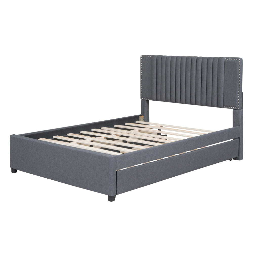 Full Size Upholstered Platform Bed with 2 Storage Drawers & Twin Trundle | Vertical Channel Tufted Headboard | 400 lbs | Solid MDF & Plywood | No Box Spring Needed | Beige/Gray