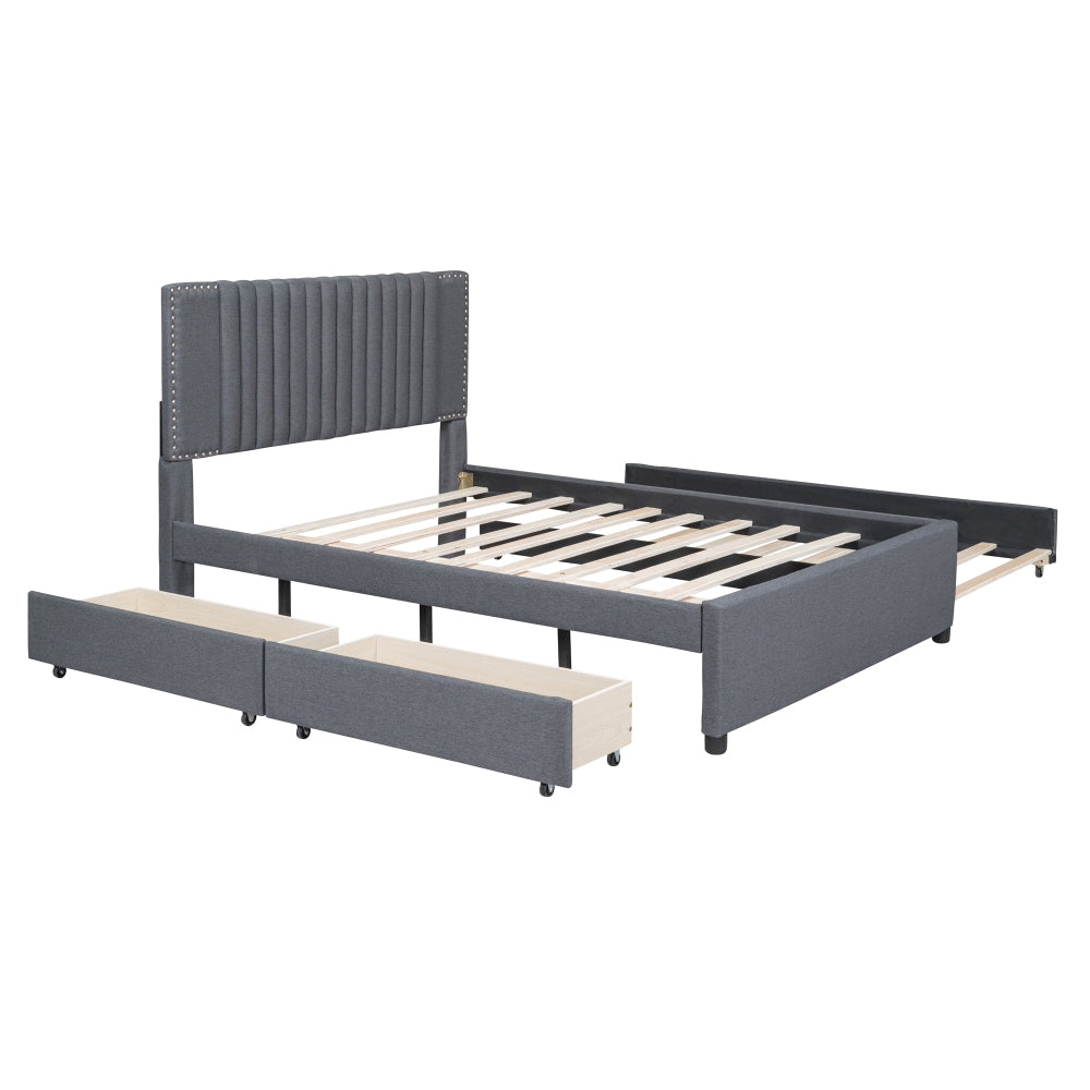 Full Size Upholstered Platform Bed with 2 Storage Drawers & Twin Trundle | Vertical Channel Tufted Headboard | 400 lbs | Solid MDF & Plywood | No Box Spring Needed | Beige/Gray