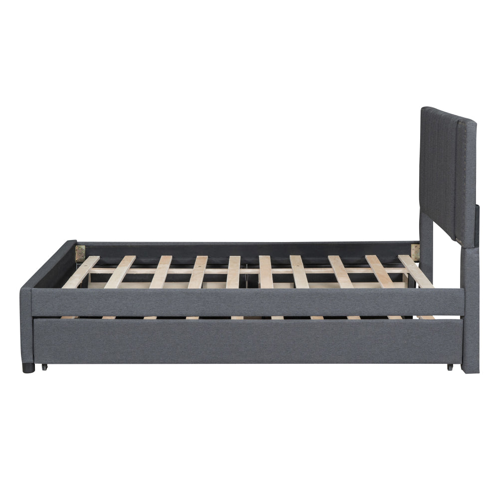 Full Size Upholstered Platform Bed with 2 Storage Drawers & Twin Trundle | Vertical Channel Tufted Headboard | 400 lbs | Solid MDF & Plywood | No Box Spring Needed | Beige/Gray