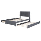 Full Size Upholstered Platform Bed with 2 Storage Drawers & Twin Trundle | Vertical Channel Tufted Headboard | 400 lbs | Solid MDF & Plywood | No Box Spring Needed | Beige/Gray
