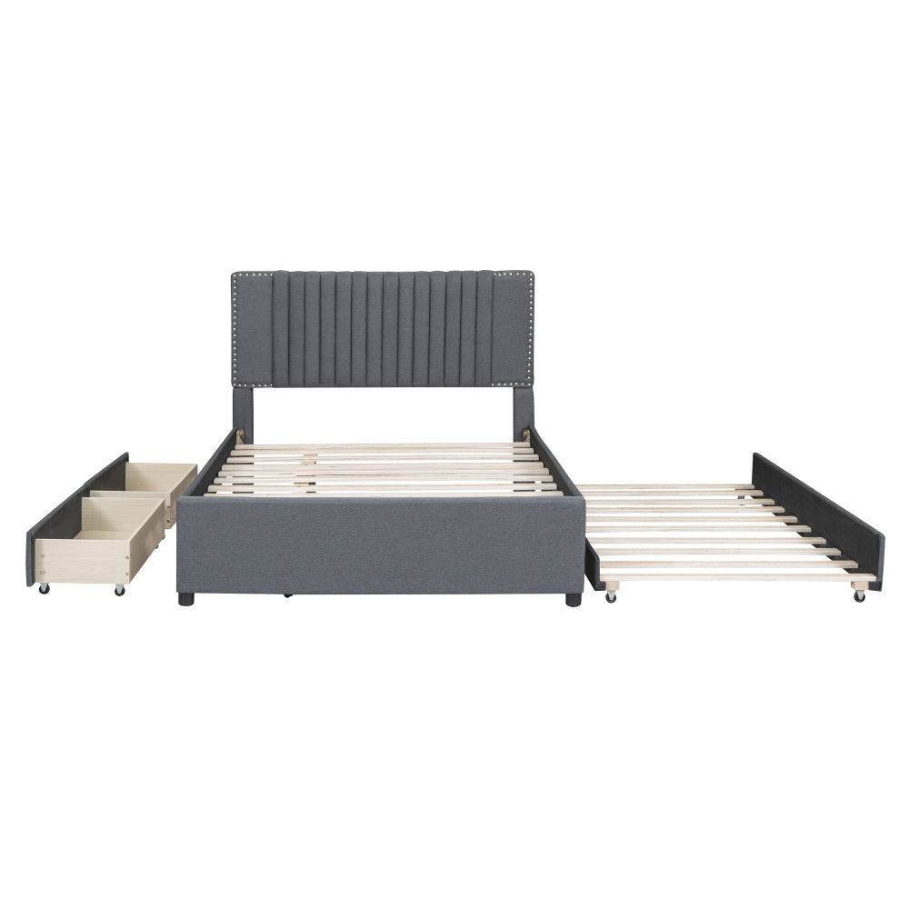 Full Size Upholstered Platform Bed with 2 Storage Drawers & Twin Trundle | Vertical Channel Tufted Headboard | 400 lbs | Solid MDF & Plywood | No Box Spring Needed | Beige/Gray