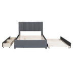 Full Size Upholstered Platform Bed with 2 Storage Drawers & Twin Trundle | Vertical Channel Tufted Headboard | 400 lbs | Solid MDF & Plywood | No Box Spring Needed | Beige/Gray