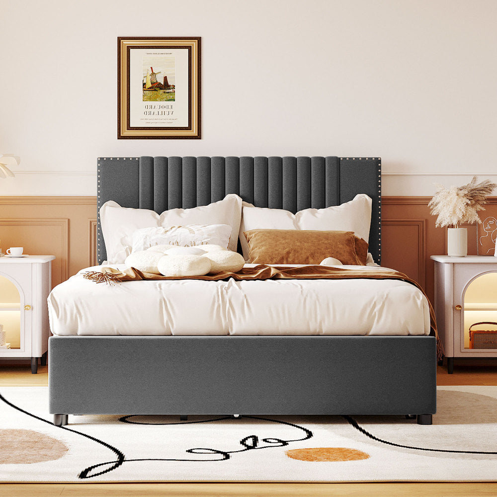 Full Size Upholstered Platform Bed with 2 Storage Drawers & Twin Trundle | Vertical Channel Tufted Headboard | 400 lbs | Solid MDF & Plywood | No Box Spring Needed | Beige/Gray
