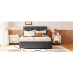 Full Size Upholstered Platform Bed with 2 Storage Drawers & Twin Trundle | Vertical Channel Tufted Headboard | 400 lbs | Solid MDF & Plywood | No Box Spring Needed | Beige/Gray
