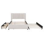 Full Size Upholstered Platform Bed with 2 Storage Drawers & Twin Trundle | Vertical Channel Tufted Headboard | 400 lbs | Solid MDF & Plywood | No Box Spring Needed | Beige/Gray