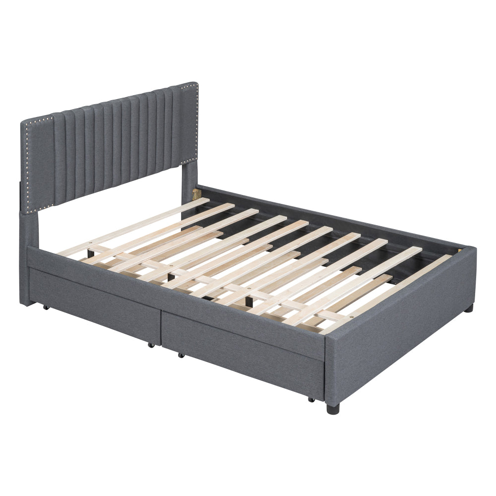 Full Size Upholstered Platform Bed with 2 Storage Drawers & Twin Trundle | Vertical Channel Tufted Headboard | 400 lbs | Solid MDF & Plywood | No Box Spring Needed | Beige/Gray